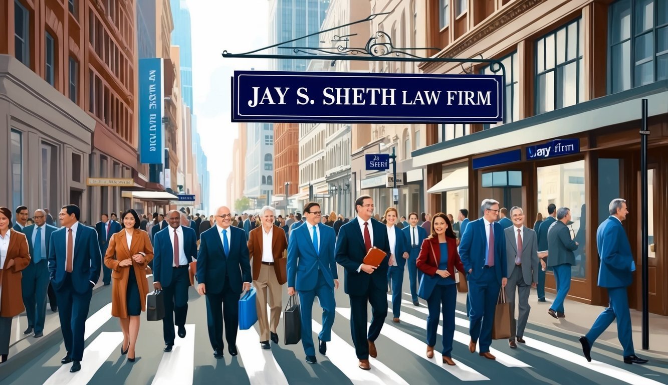 A bustling city street with a prominent sign for "Jay S. Sheth Law Firm" and a busy crowd passing by