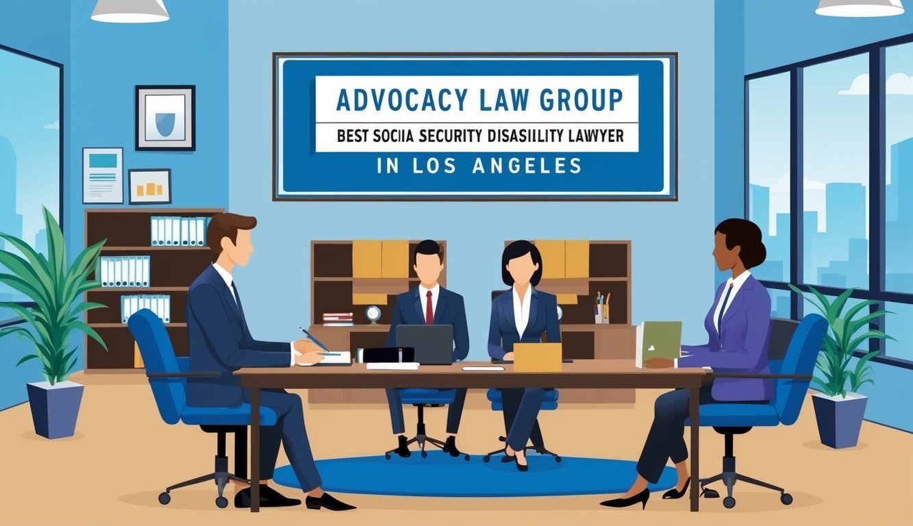 A busy law office with a professional atmosphere and a prominent sign reading "Advocacy Law Group - Best social security disability lawyer in Los Angeles."