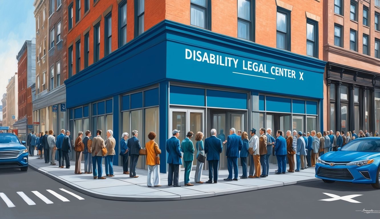 A bustling city street with a prominent building labeled "Disability Legal Center X" and a line of people waiting outside