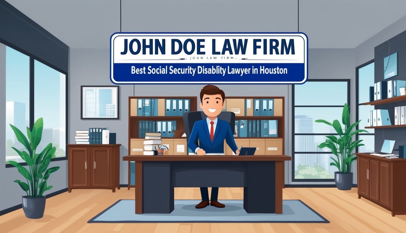 A bustling law office with a sign reading "John Doe Law Firm: Best social security disability lawyer in Houston" prominently displayed