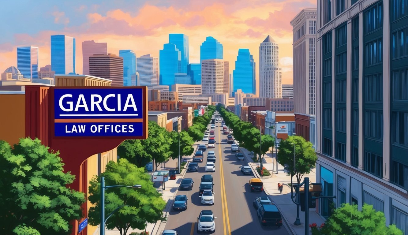 A bustling city street with a prominent sign for "Garcia Law Offices" against a backdrop of Houston's skyline