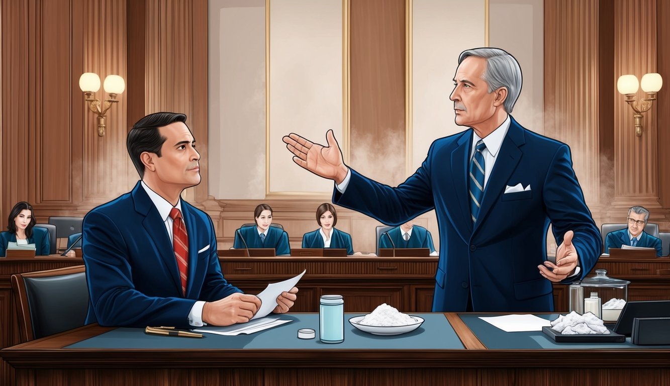 A courtroom with a lawyer presenting evidence and arguing a talcum powder lawsuit in Houston