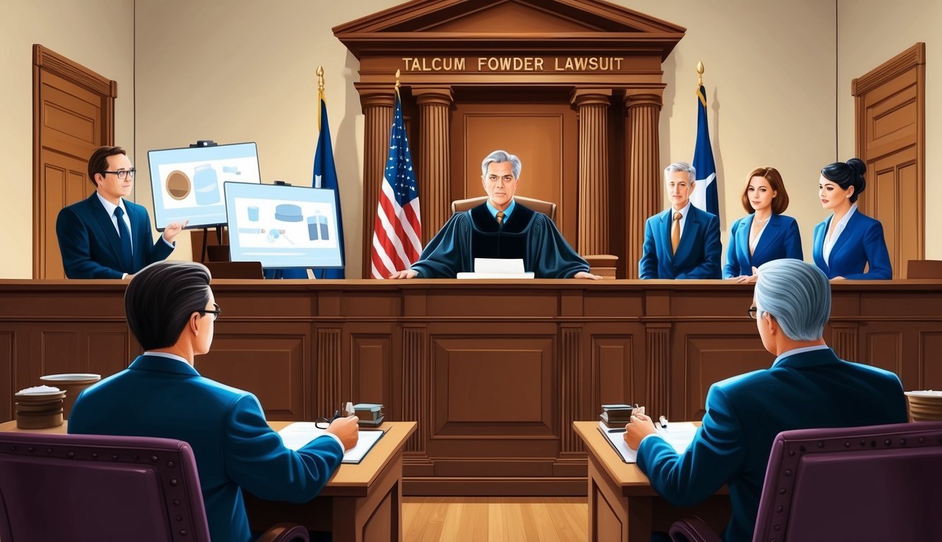 A courtroom with a judge, jury, and lawyers presenting evidence for a talcum powder lawsuit in Houston