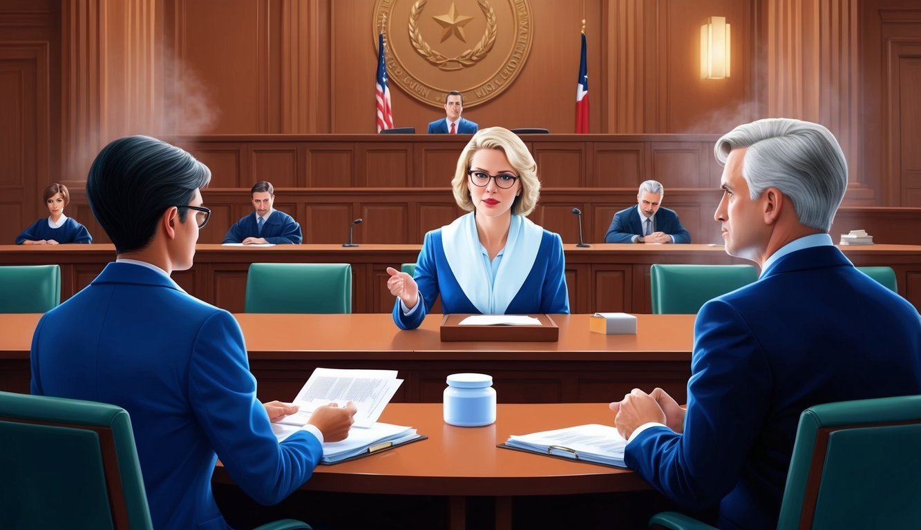 A courtroom scene with a lawyer presenting evidence and arguing a case surrounding talcum powder lawsuit in Houston