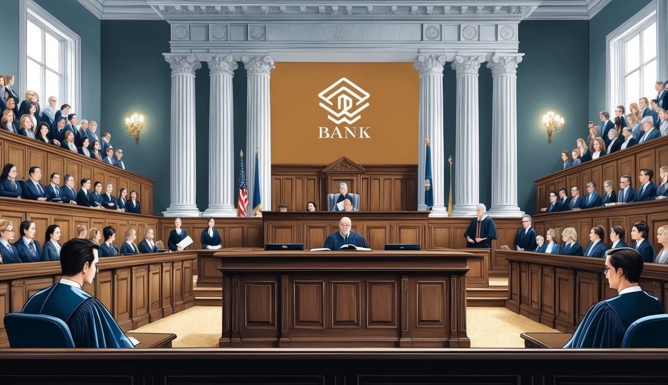 A grand courtroom with a judge's bench, witness stand, and gallery filled with onlookers.</p><p>The bank's logo prominently displayed on the wall