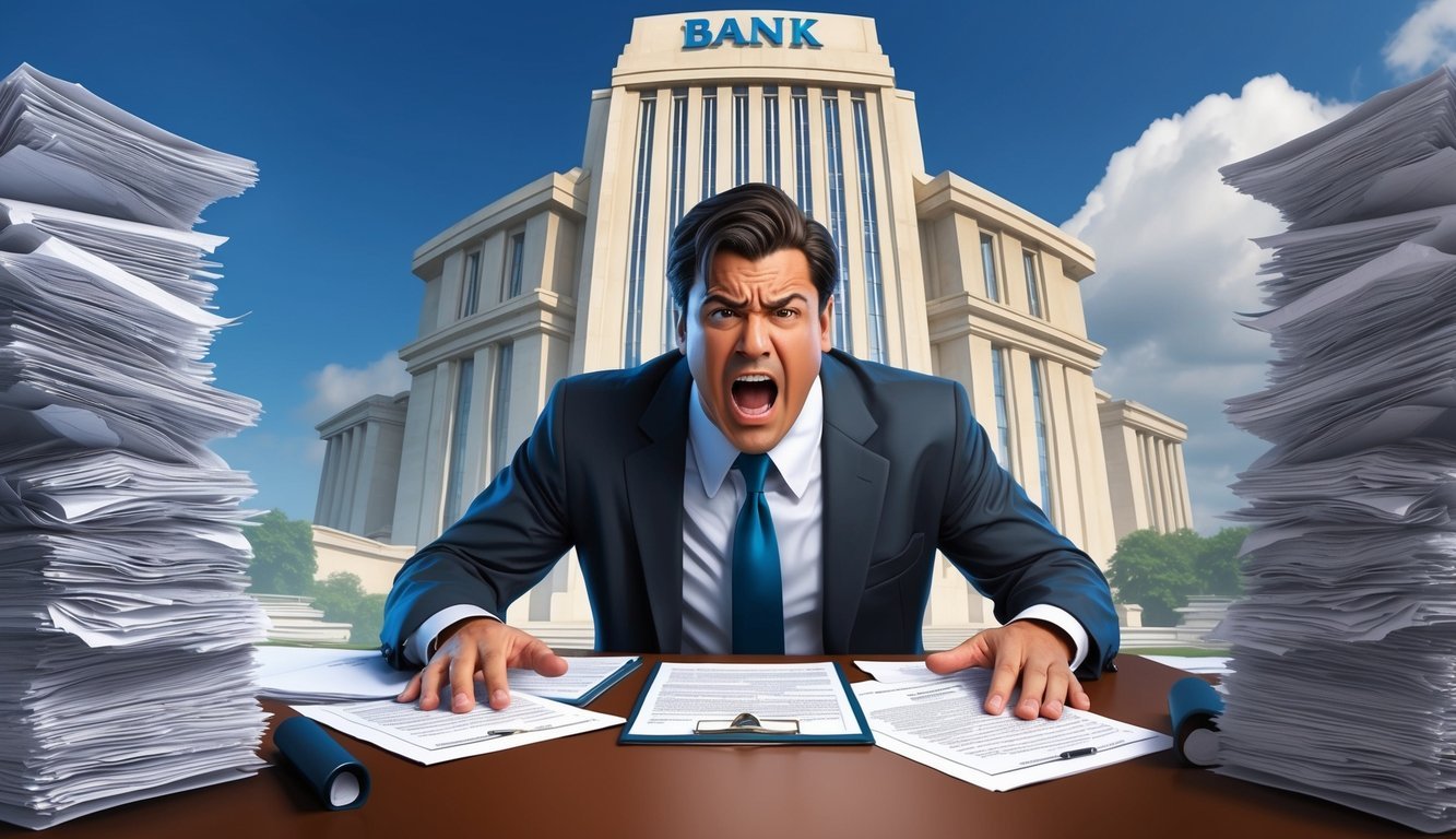 A frustrated individual surrounded by legal documents and a towering bank building in the background