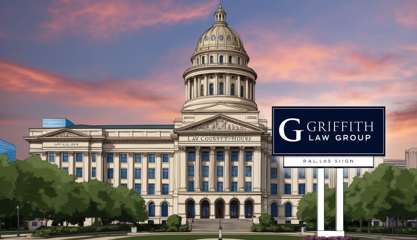 A grand courthouse in downtown Dallas, with the Griffith Law Group sign prominent in the foreground