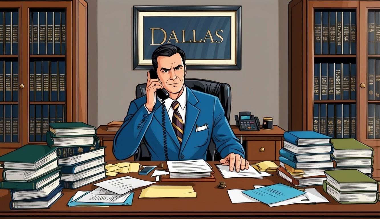 A lawyer's office in Dallas, with shelves of legal books and a desk cluttered with papers.</p><p>A determined attorney is on the phone, preparing to sue a bank for liability