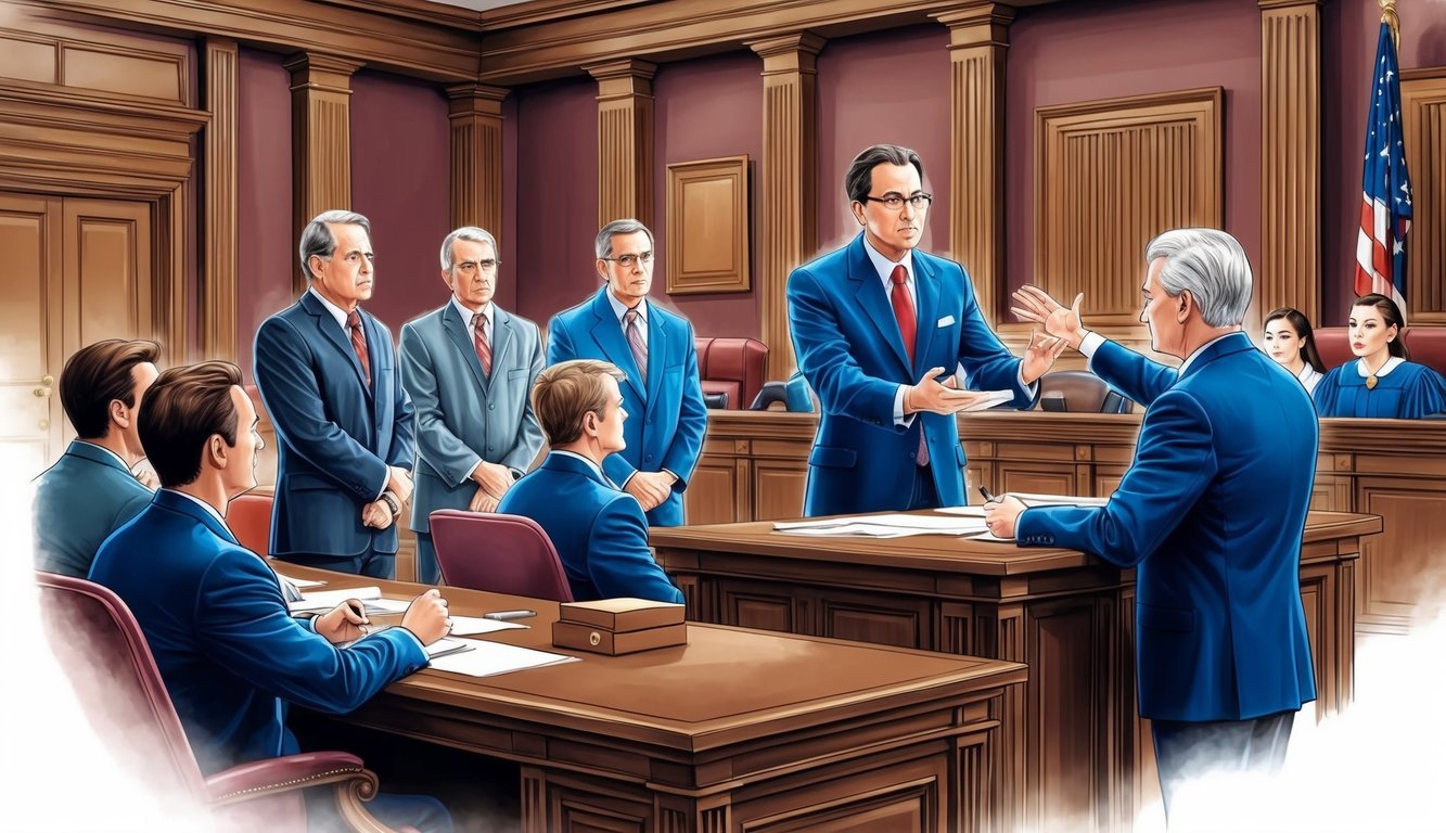 A courtroom scene with a lawyer presenting evidence and arguing a case before a judge and jury