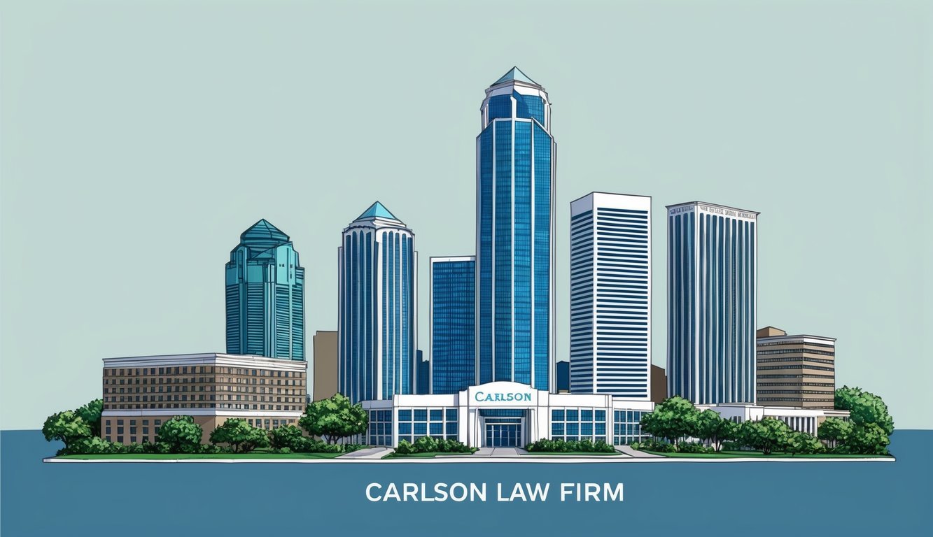 A Dallas skyline with the Carlson Law Firm building standing tall and prominent, surrounded by greenery and a sense of professionalism