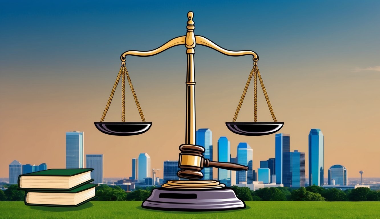 A scale representing justice with a gavel and law books, set against a Dallas skyline