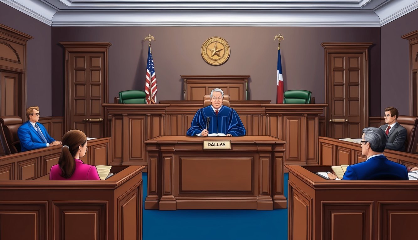 A courtroom with a judge presiding over a lawsuit trial in Dallas