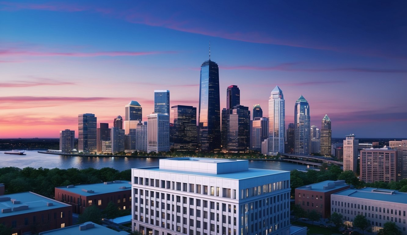 A modern city skyline at dusk with a prominent law office building in the foreground