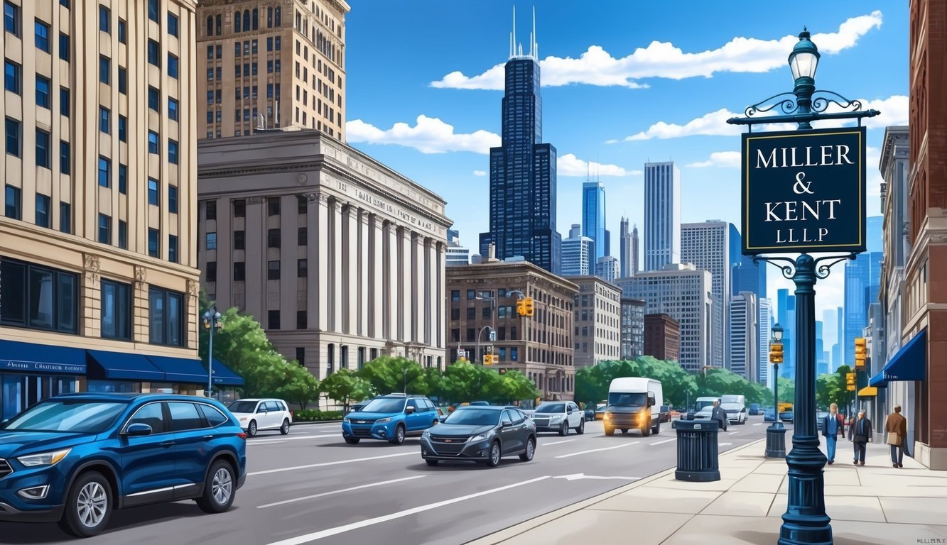 A busy city street in Chicago with a towering skyline in the background, featuring a prominent law firm sign for Miller & Kent LLP