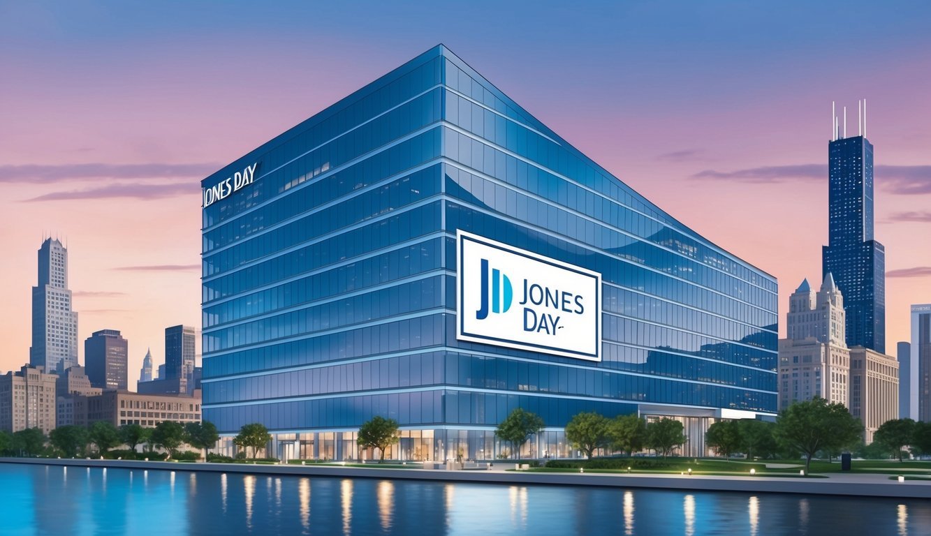 A sleek, modern office building in downtown Chicago with the Jones Day logo prominently displayed