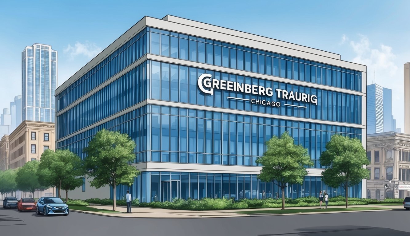 A modern office building in downtown Chicago with the Greenberg Traurig, LLP logo prominently displayed on the exterior