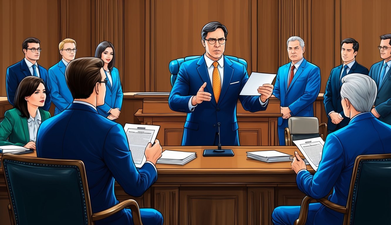 A courtroom scene with a lawyer presenting evidence and arguing a case, surrounded by clients seeking representation for a roundup lawsuit in Phoenix