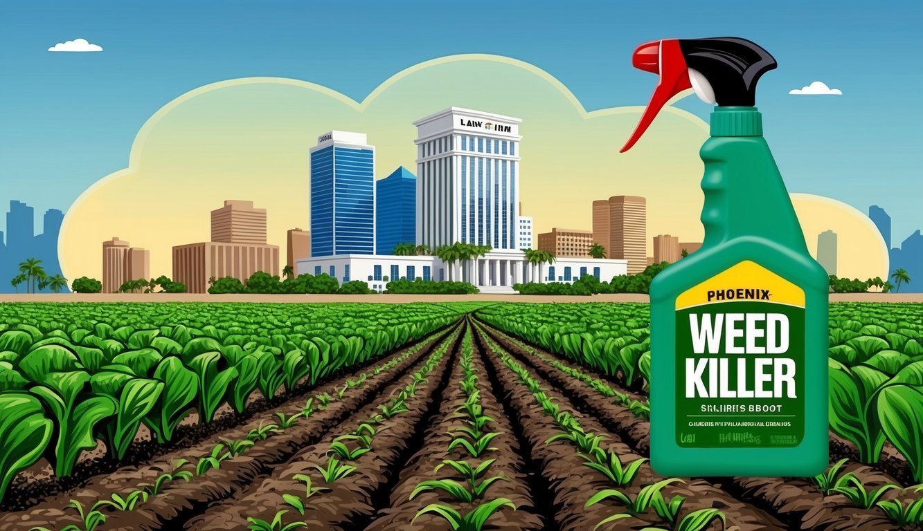 A Phoenix skyline with a prominent law firm building, surrounded by fields of crops and a large bottle of weed killer