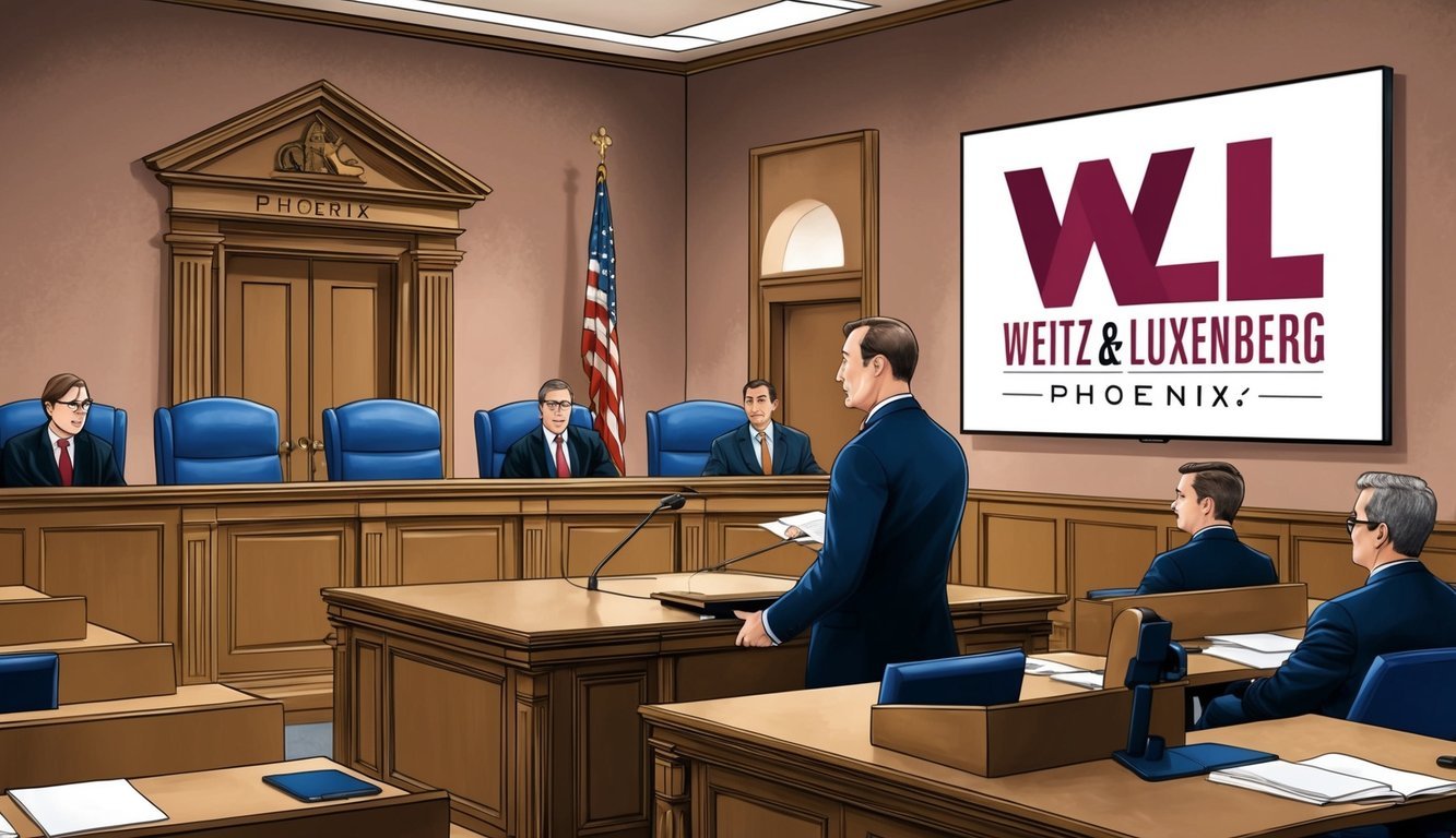 A courtroom in Phoenix, with the Weitz & Luxenberg logo displayed prominently, as a lawyer presents a case against roundup