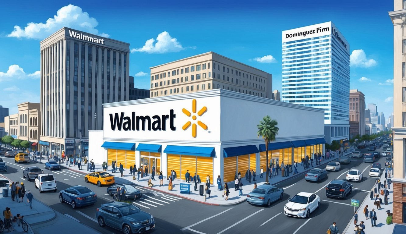 A bustling Los Angeles cityscape with the iconic Walmart storefront, surrounded by traffic and pedestrians, and the prominent presence of The Dominguez Firm's office building nearby