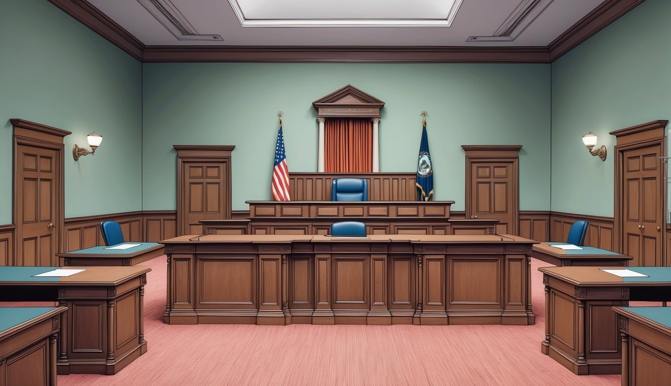 A courtroom with a judge’s bench, lawyer’s tables, and a witness stand