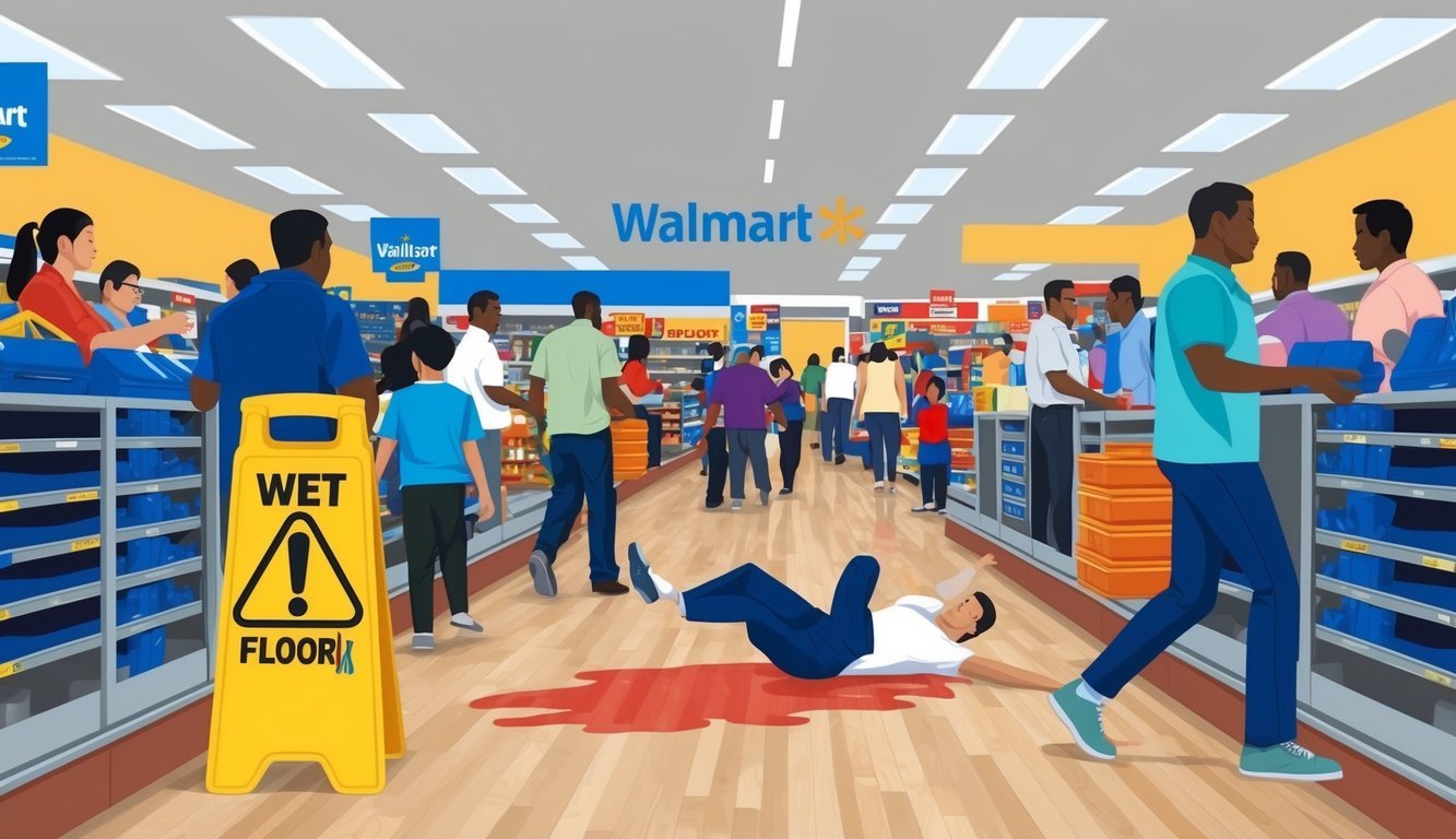 A crowded Walmart store with a slip and fall incident near a wet floor sign