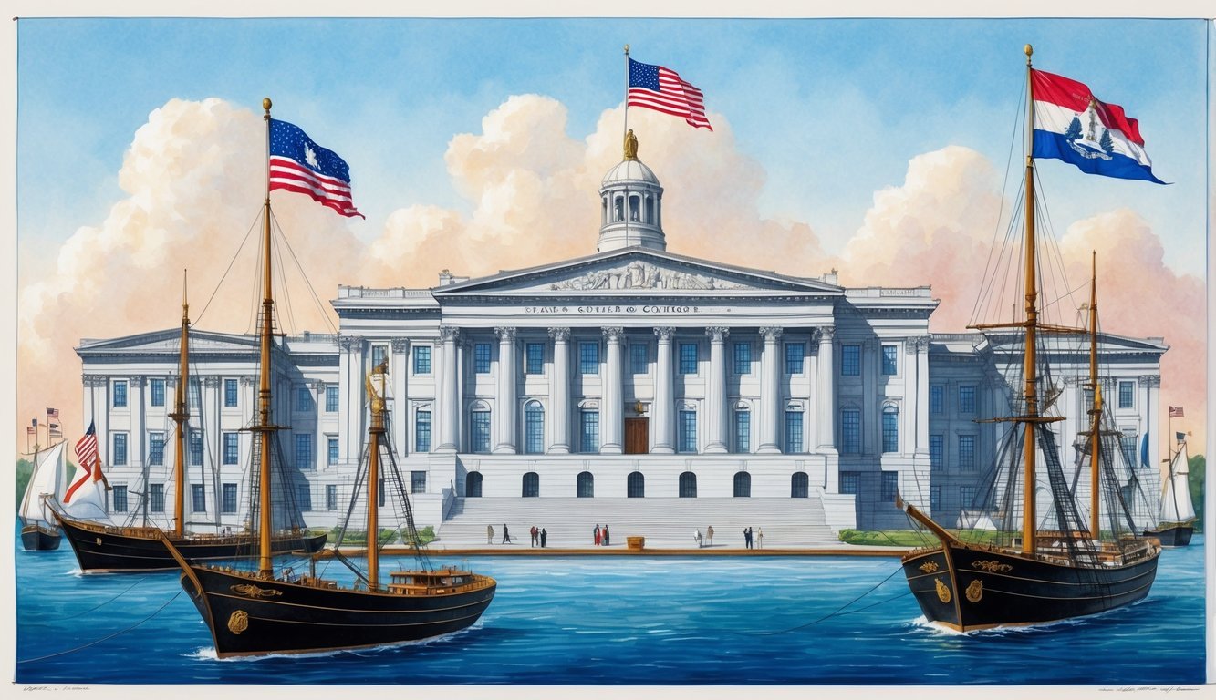 A grand courthouse in Washington DC, with a maritime theme, surrounded by ships and nautical flags