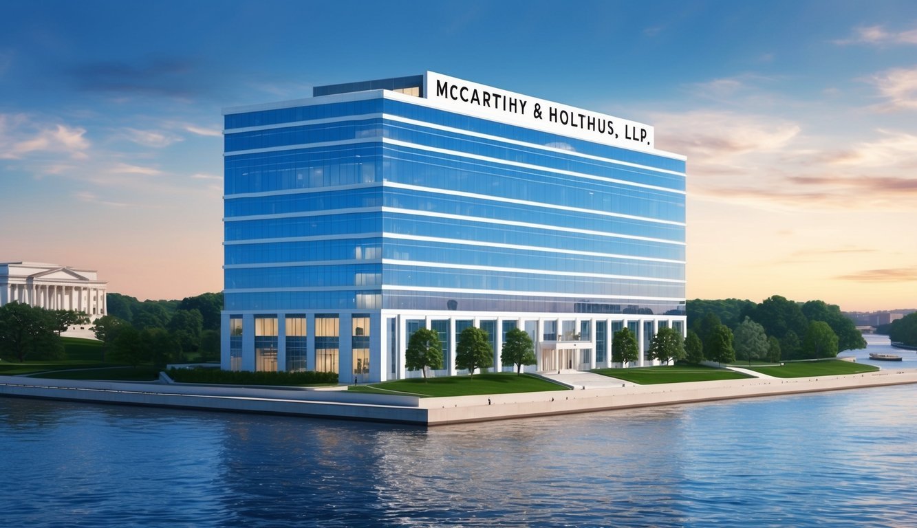 A sleek office building with a prominent sign reading "McCarthy & Holthus, LLP" in Washington DC, overlooking the Potomac River