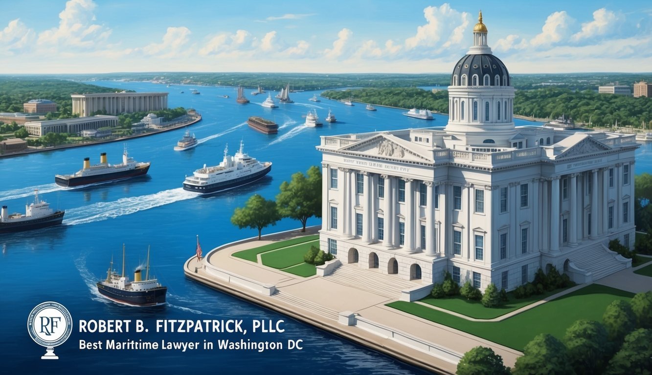 A grand law office overlooking the Potomac River, with ships and boats navigating the water, and a prominent sign displaying "Robert B. Fitzpatrick, PLLC Best maritime lawyer in Washington DC"