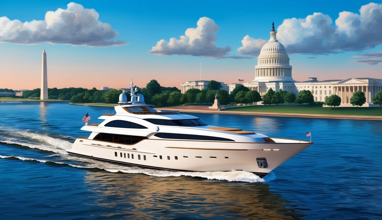 A sleek yacht sails through the Potomac River, passing by the iconic landmarks of Washington DC