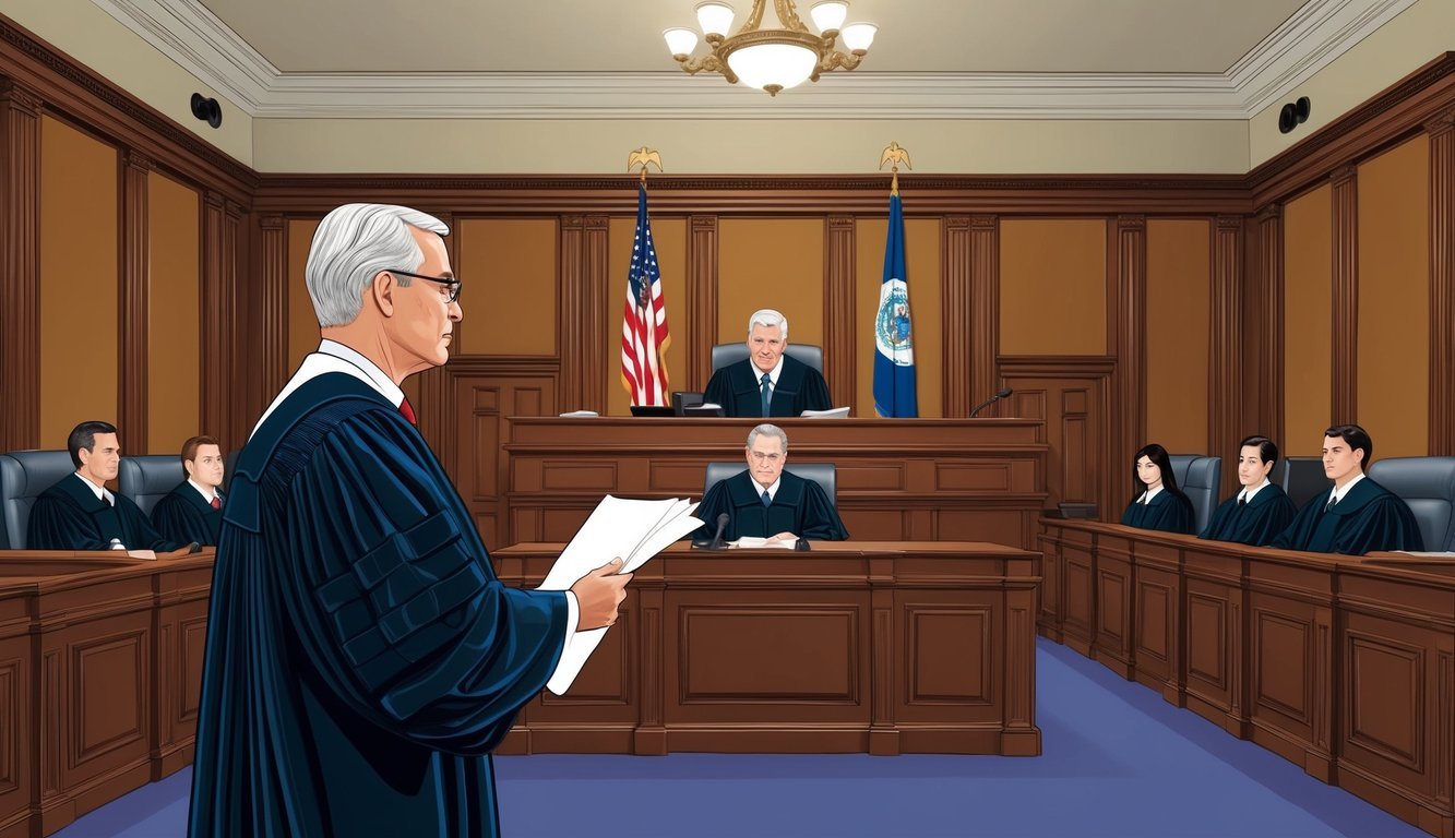 A courtroom with a judge presiding over a talcum powder lawsuit trial in Philadelphia