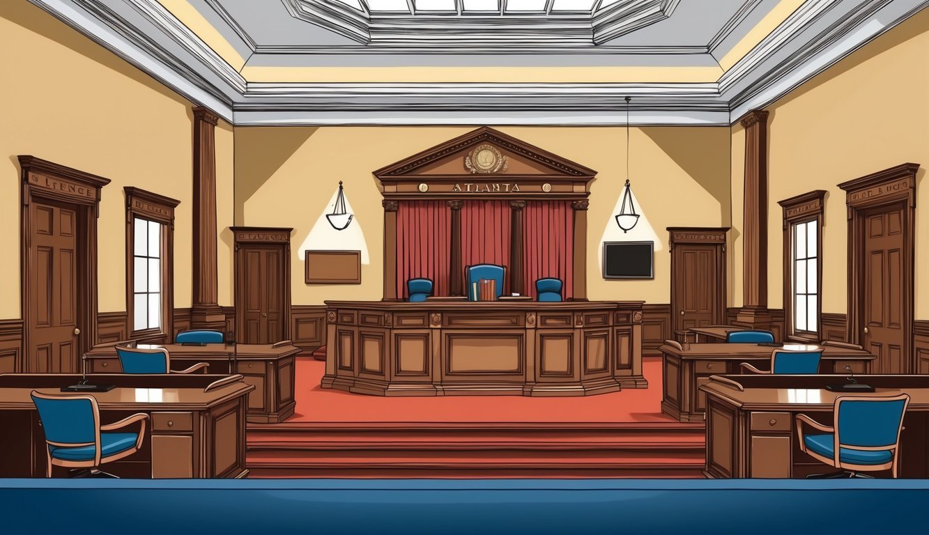 A courtroom with a judge's bench, jury box, and lawyer's tables in Atlanta