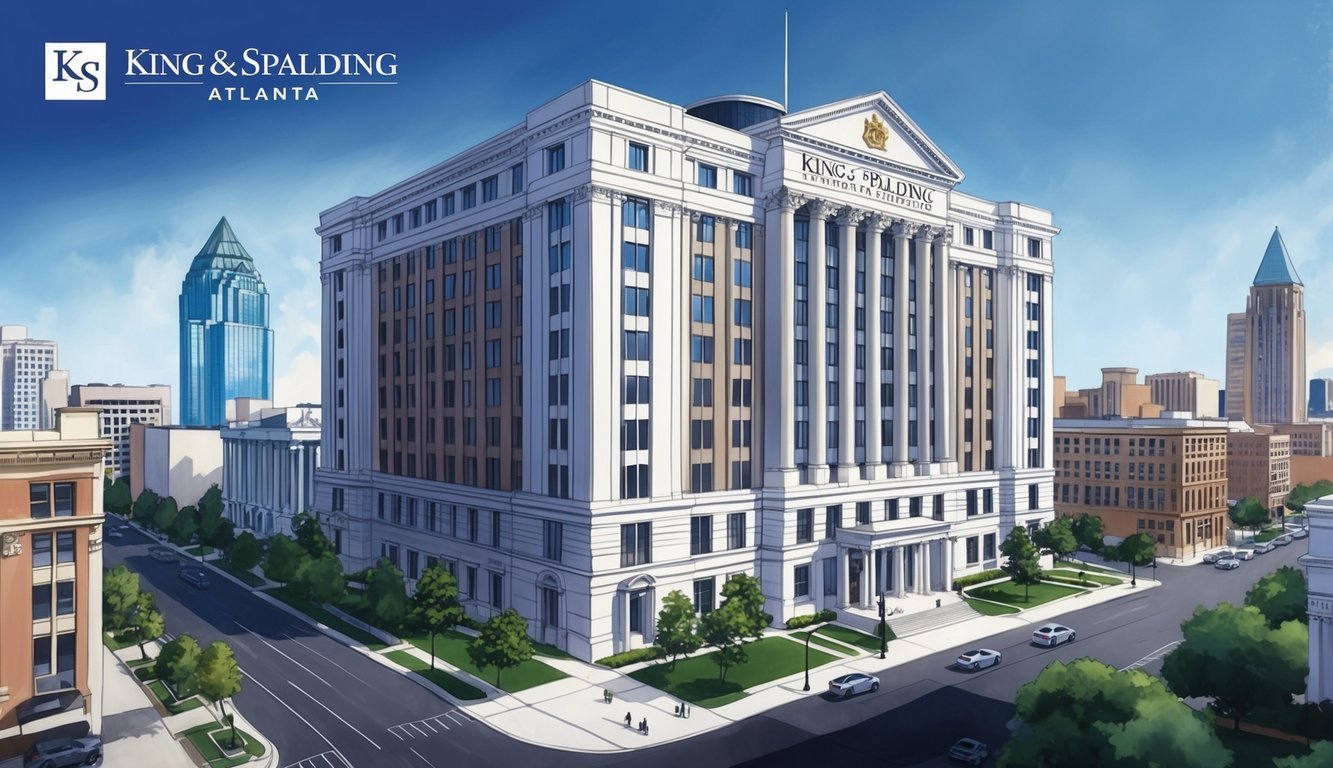 A grand, imposing law office building in downtown Atlanta, with the King & Spalding LLP logo prominently displayed