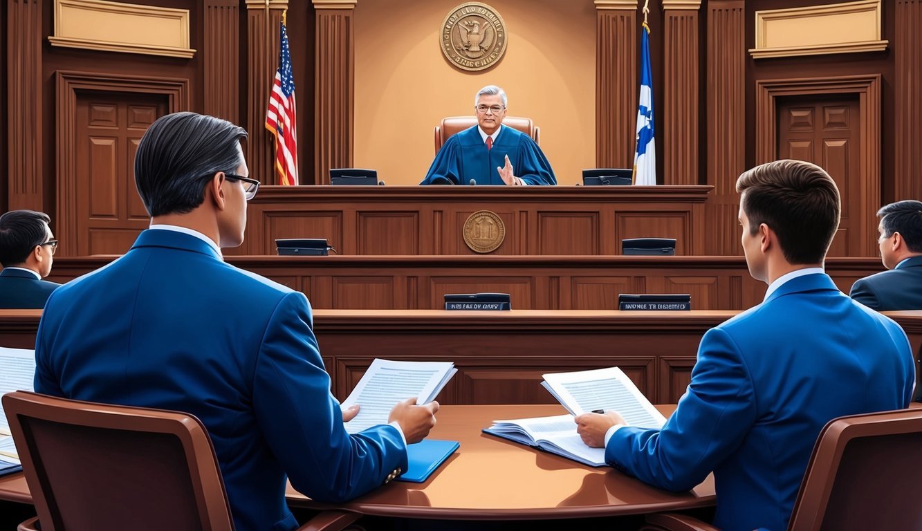 A courtroom with a judge presiding over a legal case regarding a roundup lawsuit in Atlanta