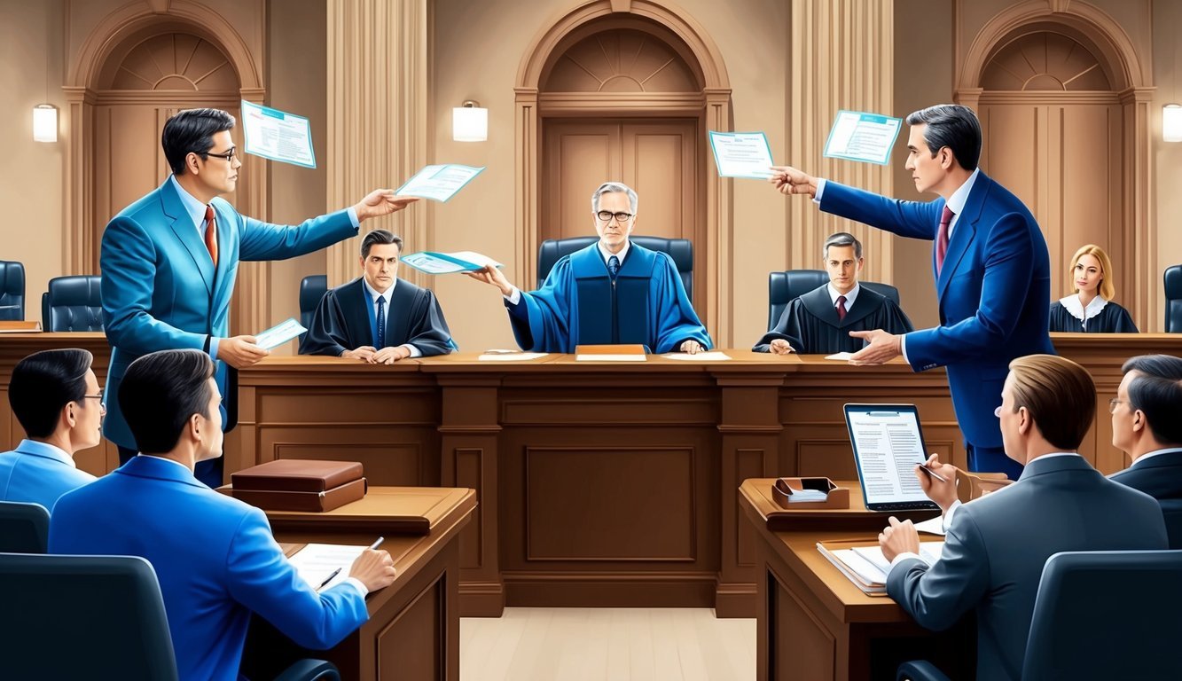 A courtroom scene with lawyers presenting evidence and making arguments in front of a judge and jury