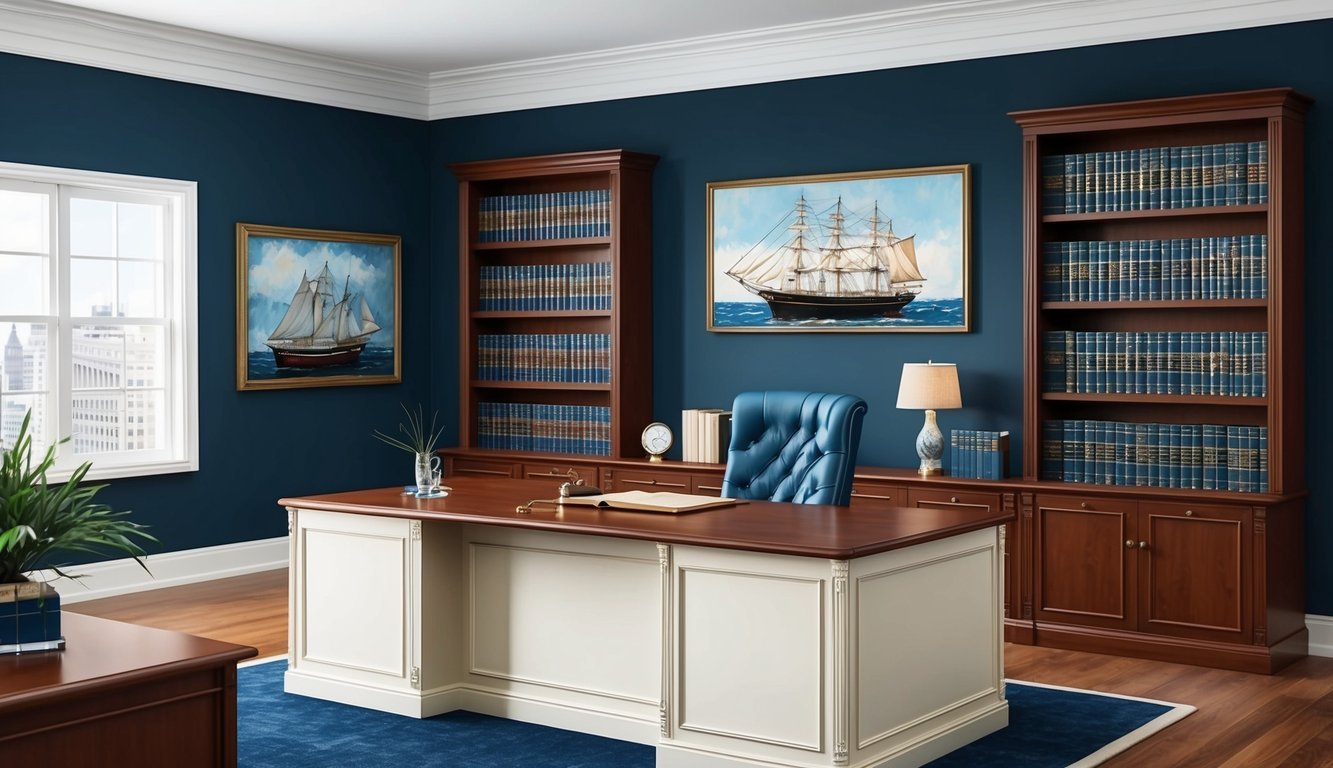 An office with nautical decor, a large desk, and shelves of legal books.</p><p>A ship model and maritime-themed artwork adorn the walls