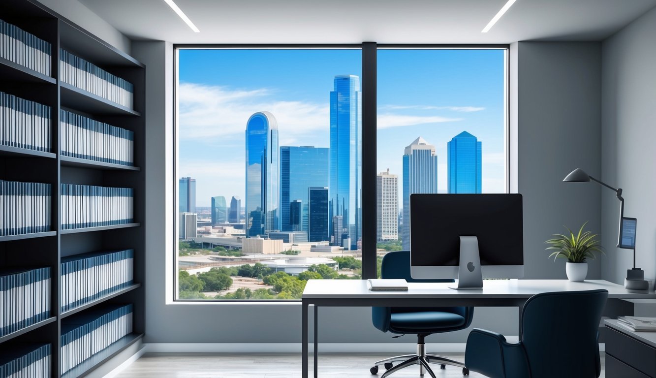 A sleek, modern office with a view of the Dallas skyline.</p><p>A wall of law books and a desk with a computer