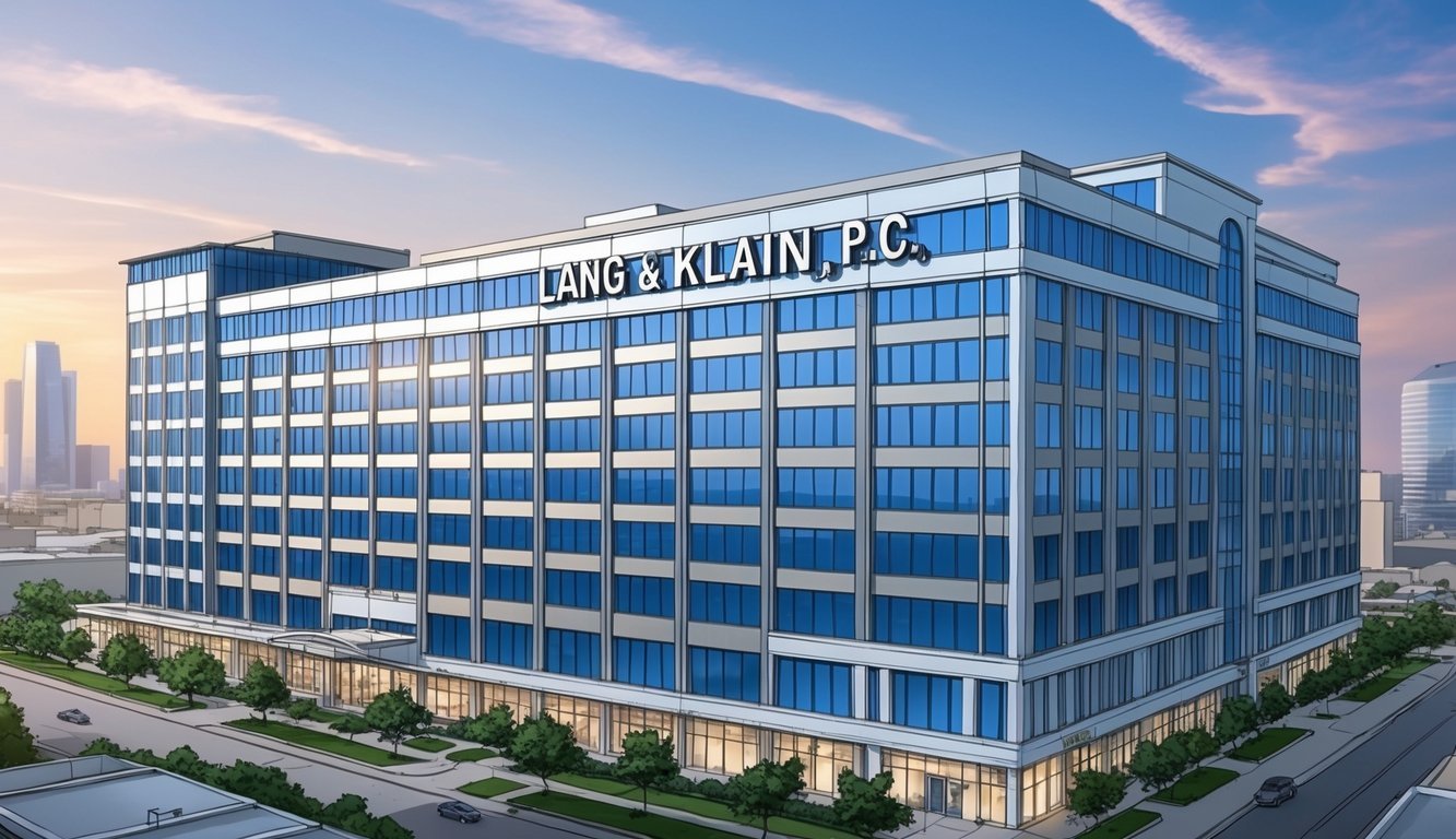 A sleek, modern office building with the name "Lang & Klain, P.C." prominently displayed on the exterior.</p><p>The building is located in the bustling city of Dallas, Texas