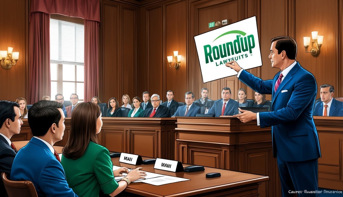 A courtroom scene with a lawyer presenting evidence of Roundup lawsuits in Miami