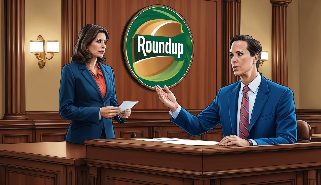 A lawyer in a courtroom presenting evidence of Roundup lawsuit in Miami