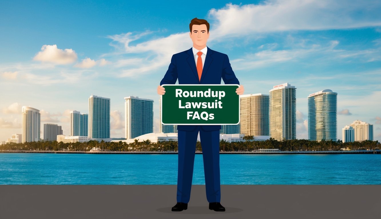 A lawyer standing in front of a Miami skyline, holding a sign reading "Roundup Lawsuit FAQs."