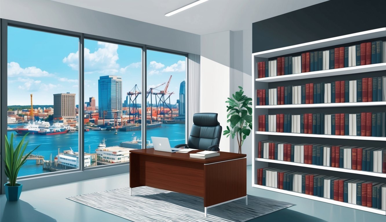 A sleek, modern office in downtown Atlanta, with a view of the bustling port and a shelf lined with legal tomes