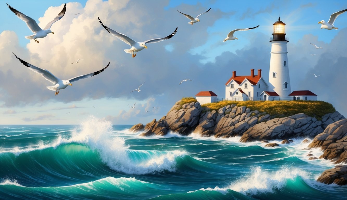 A lighthouse stands tall on a rocky coastline, guiding ships through turbulent waters.</p><p>Seagulls circle above, and waves crash against the shore