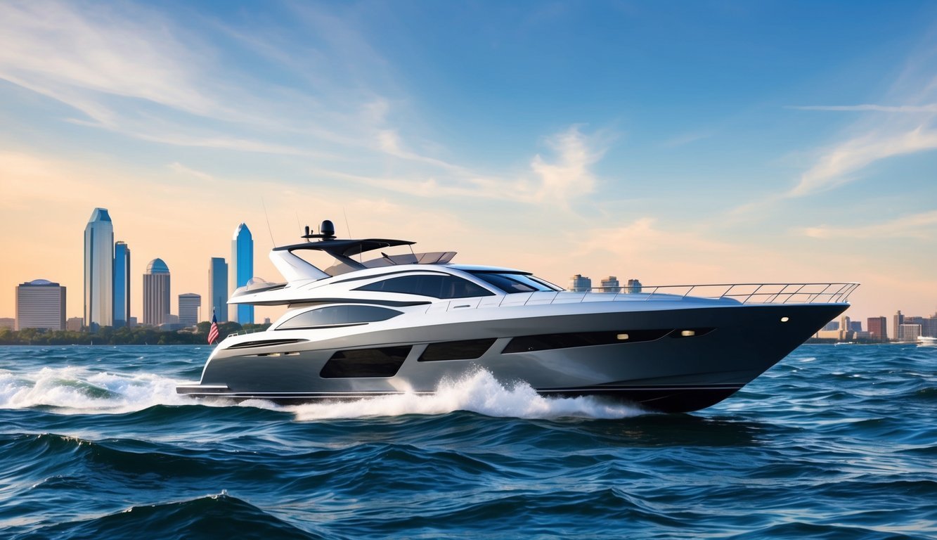 A sleek yacht sails through choppy waters, framed by the Atlanta skyline in the background