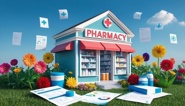 A whimsical pharmacy building with flowers, documents, and medicine bottles on grass
