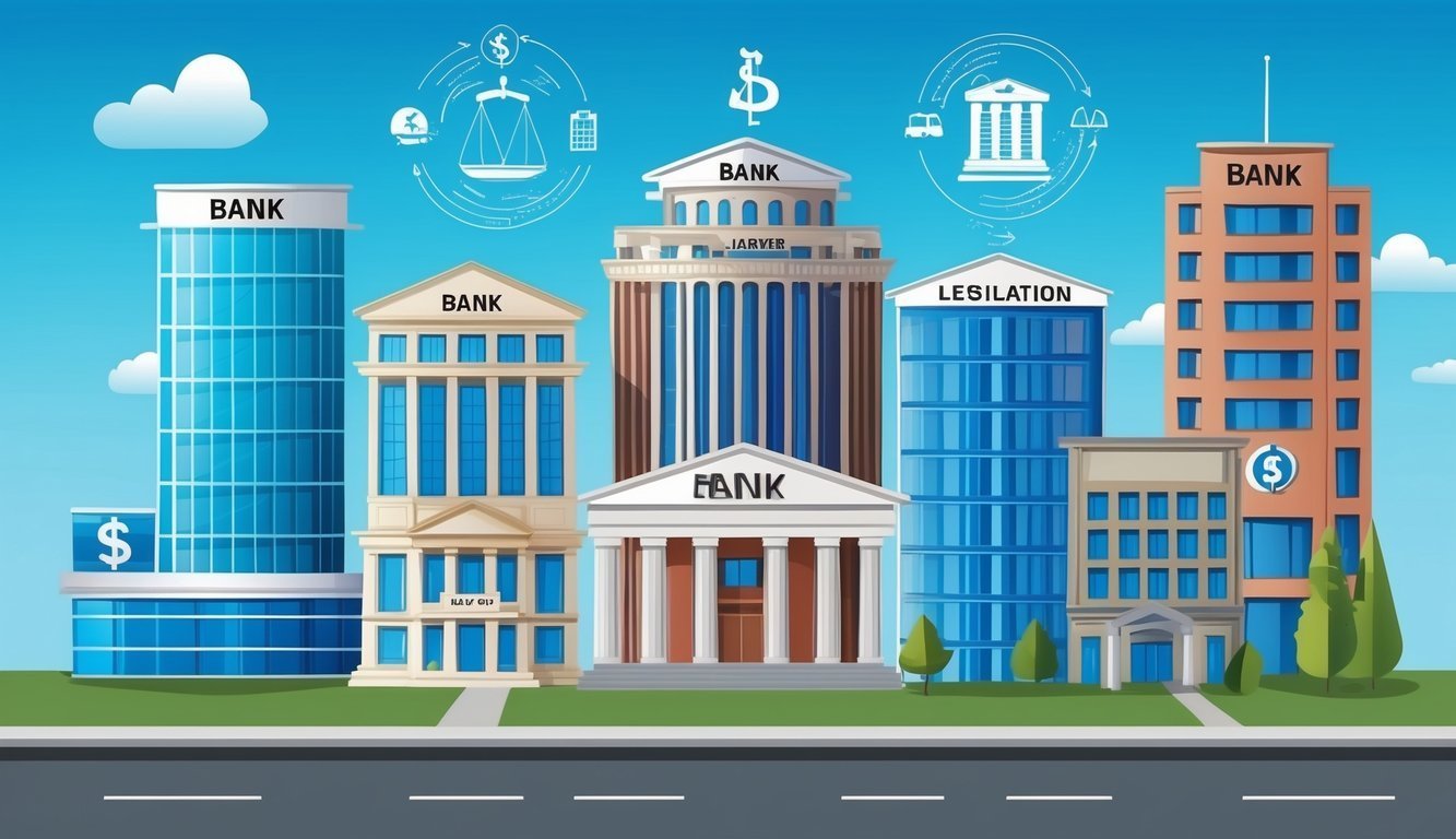 Illustration of various bank buildings with financial symbols and legislation