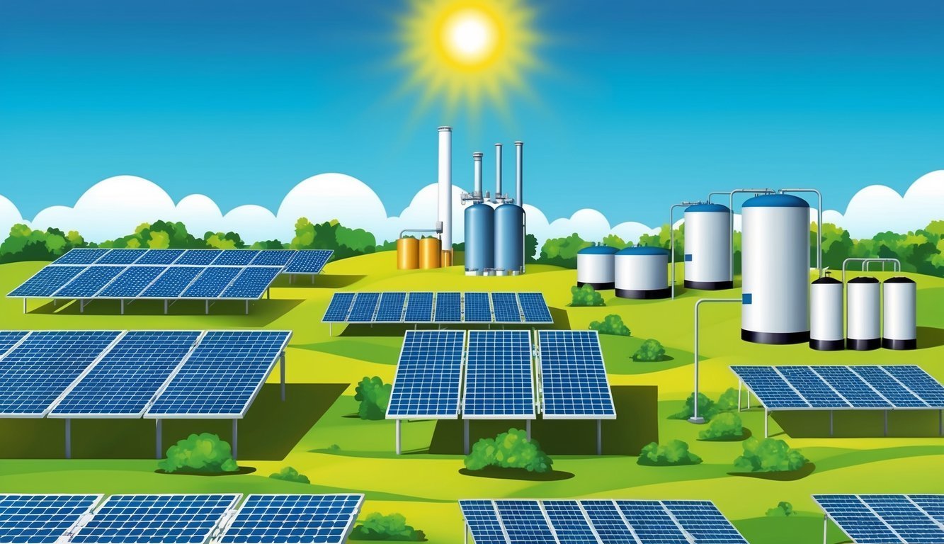 Solar panels and storage tanks in a green field under a bright sun