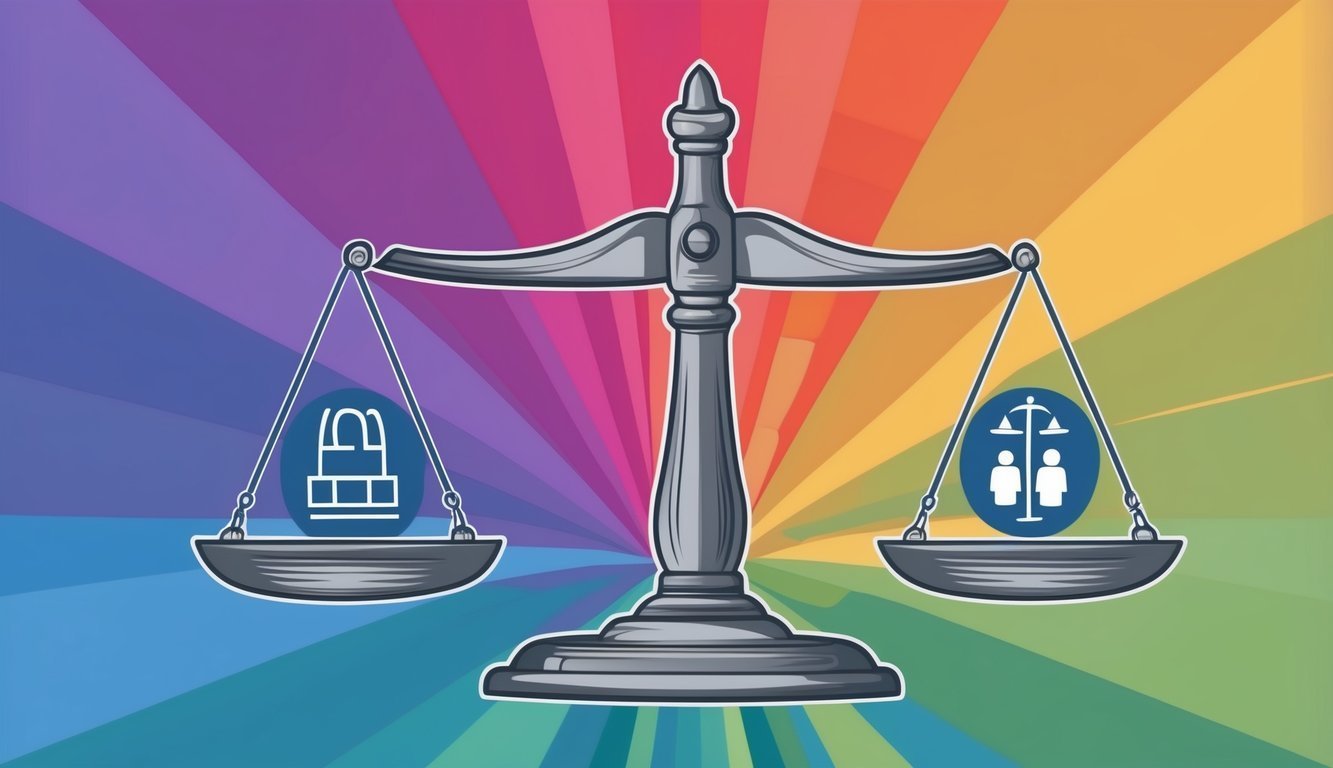 Scales of justice with courthouse and people icons on rainbow background