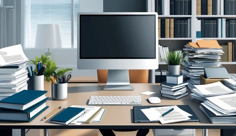 Cluttered office desk with computer, stacks of papers, books, and office supplies