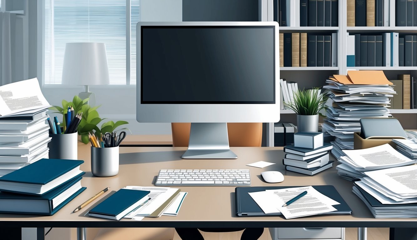 Cluttered office desk with computer, stacks of papers, books, and office supplies